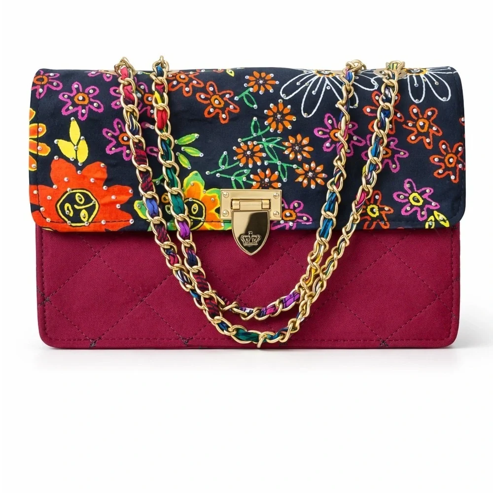 Quilted Floral Flap Shoulder Bag in Burgundy and Multicolor